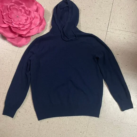 J CREW Midweight 100% Cashmere Navy Blue Hoodie Pullover Sweater Unisex - Picture 4 of 11